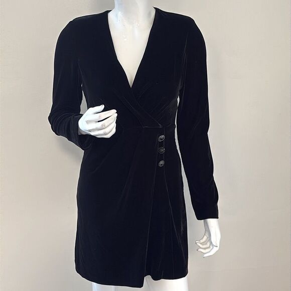 The Kooples Black Velvet Long Sleeve Wrap Style Mini Dress w Rhinestone Buttons - Picture 2 of 10